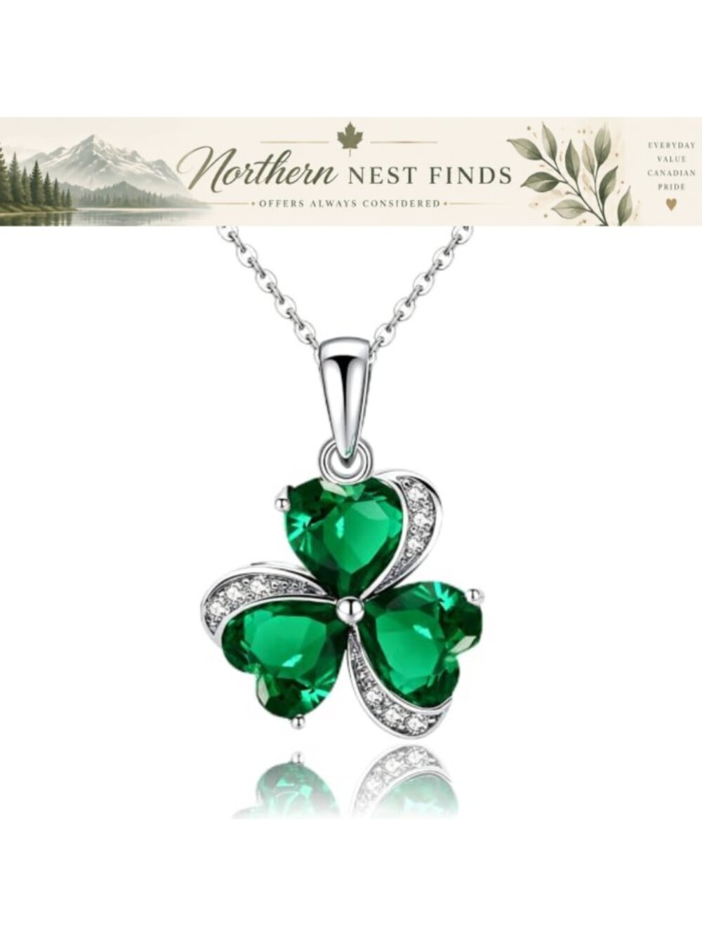 Clover Necklace Earrings Set Emerald Green Gemstone Platinum Gold Plated Chain